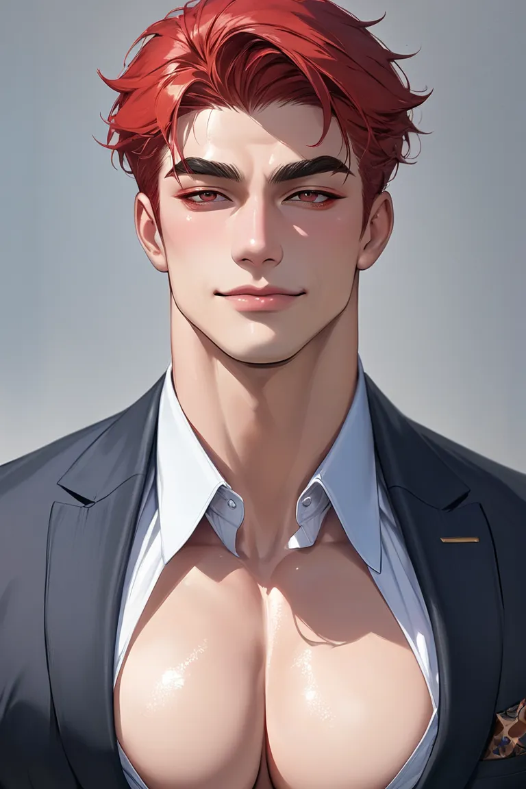 1 man,   male focus, tall muscular,     beautiful,   face ,   short hair,    smile, Suit,    portrait,   Realistic, (  boobs, 4K, 8k,    highres,   masterpiece:1.2), (  breasts:1.3),    red hair, [  thick eyebrows :0.5]. Usando Suit sofisticado, CEO at the...