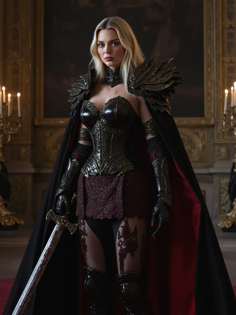 Create full image of a beautiful blonde yet evil warrior queen. Long blonde hairs, deep Blue eyes, white smooth marble skin, large breast, large hips, slim curvy figure, She is clad in ornate, crimson black-colored armor that reflects a sinister aura,  A d...