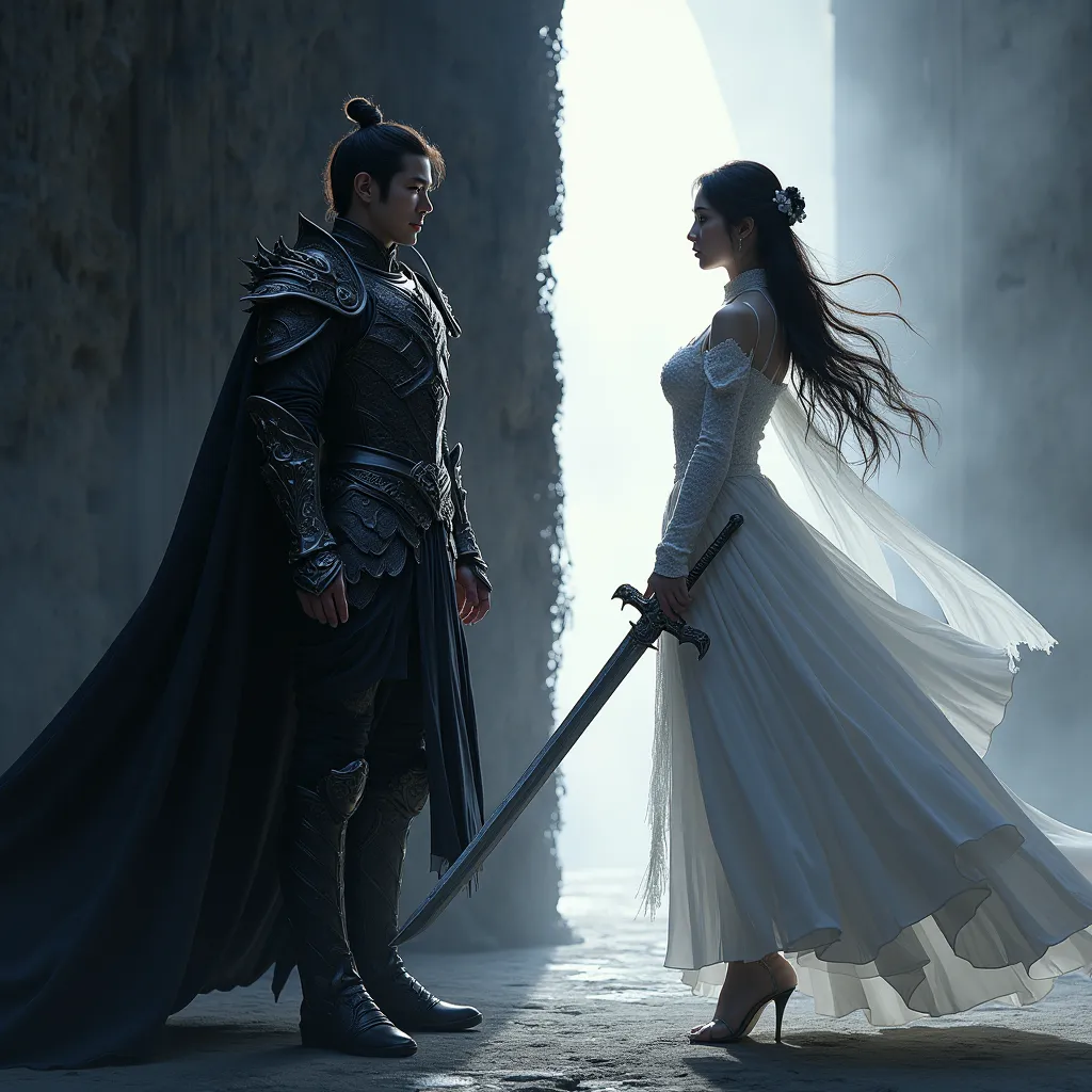  The left side  (seong jin woo): In his super-epic shadow armor with magic, with a sword, surrounded by shadow soldiers , hunting armor that smoothly flow to the right side. Looks cold and confident.  
- The right side (Cha Hae-in): She wears her elegant, ...