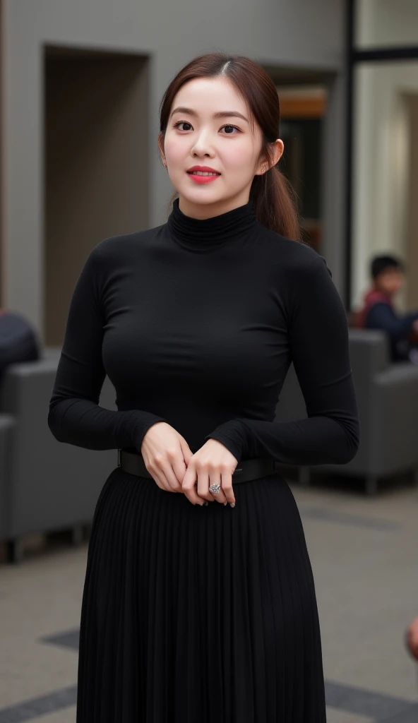 a female teacher, standing in front of the classroom, use black long sleeve turtle neck t-shirt, using a long skirt from butt to toe pleated model of black color, big breasts,  very slim waist , beautiful smile ,  red lips, long hair ponytail