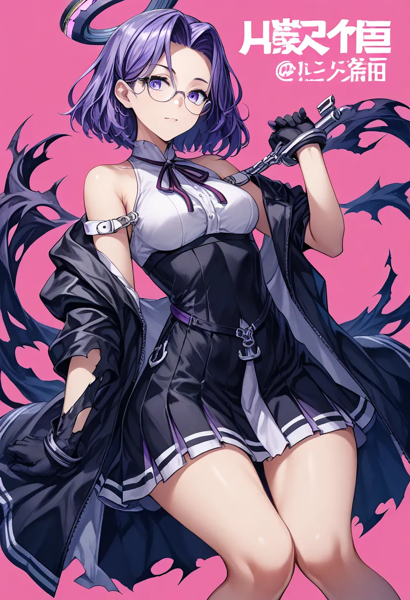 Ryuda Muji, tatsutakaini (kantai collection),  score_9,  score_8_up,  score_7_up,  score_6_up,  source_anime, masterpiece, best quality,  official art, official style,  game cg, glasses magazine, rating_safe, rating_questionable,  purple hair,  halo,  shor...