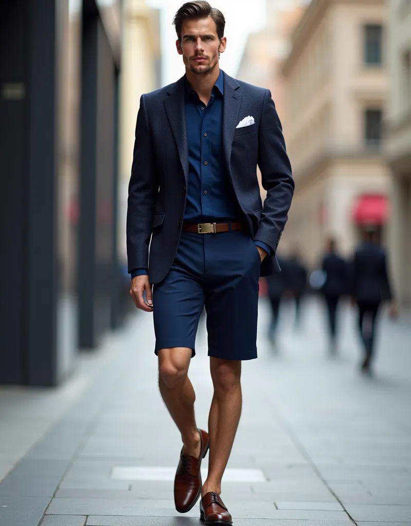 A guy wearing deep navy blue shirt, with navy blue short and formal blazer, with white long pants and brown shoes