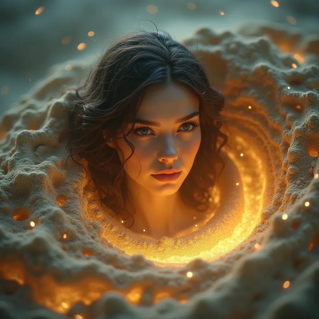 hyperrealistic epic picture of a beautiful womans sand head created out of sand rises up out of a twirl of mystic magic sand,  background mytsic magic atmossphere with luminisence effects