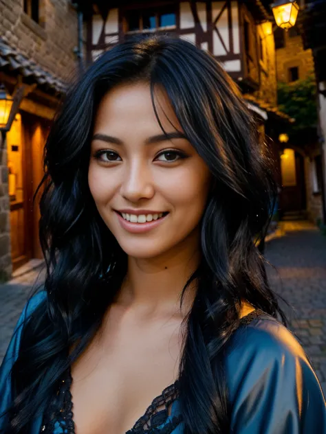 arafed woman with black hair with deep blue high lights and, flowing black hair, with black hair, photo of a beautiful woman, long flowing black hair, blue golden hour, curly black hair, beautiful young woman, beautiful asian woman, wild ginger hair, black...