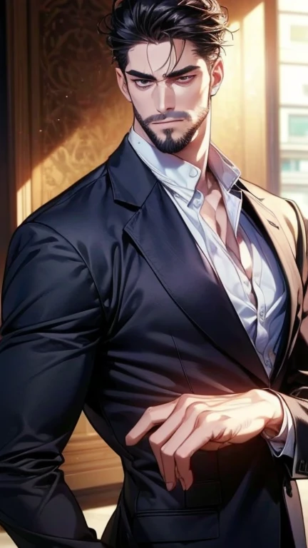 (  CEO,4K,8k,       highres,  masterpiece:1.2),      breasts,(Realistic,photoRealistic,photo-Realistic:1.37),36-year-old man,3 day beard,cute anime ,Portraits,strong,masculine,       dark hair,sharp jaw,              mesmerizing eyes              ,       p...