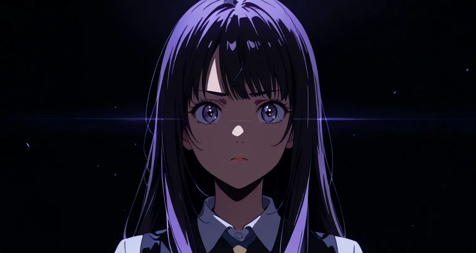 You can see a depth effect, with a fringe that frames her face. Her eyes are large and expressive, especially in the design of the eyes and face. There is a clear influence of the anime or manga.  Her expression is serious ,  almost stoic .  The lighting i...