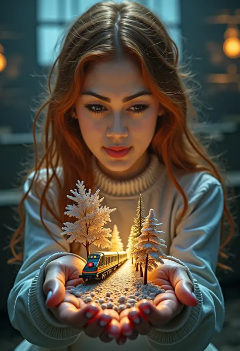 high definition double exposure portrait, poster 3d microworld inside hands, big eyes magic beautiful witch girl giving me a microworld landscape , on the macro ginger haired girl placed on the dark room surface background , front angle shot professional p...