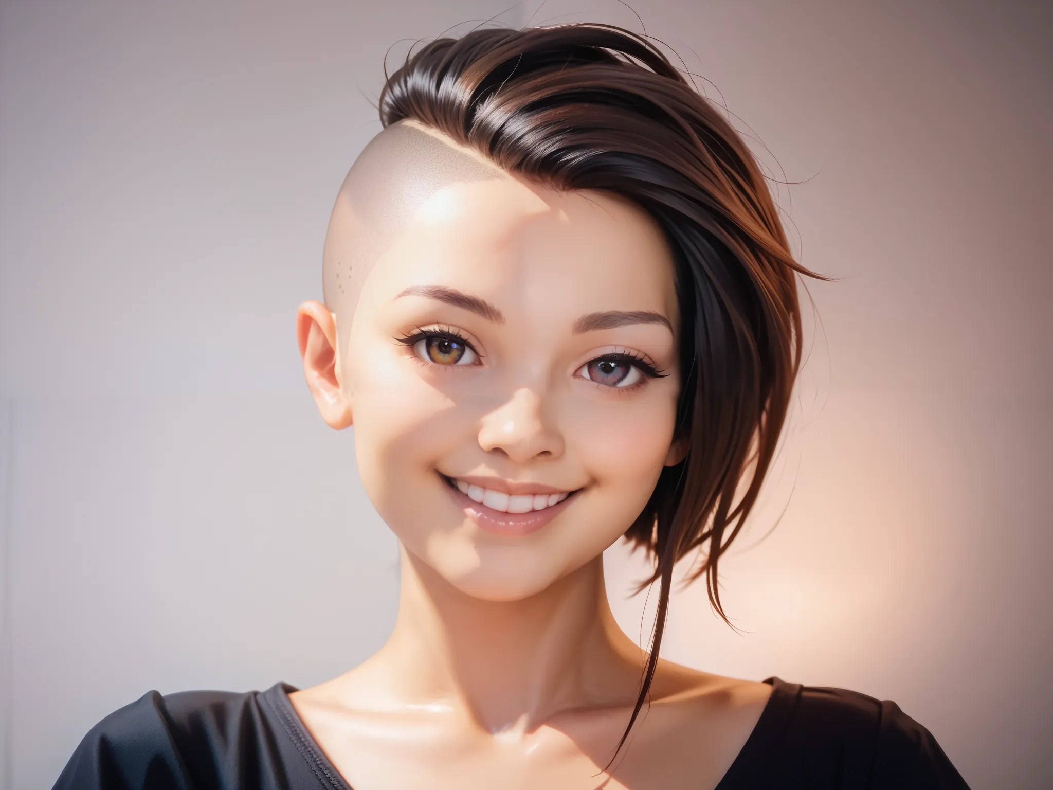  cute asian woman、Alone, photorealistic, Detailed skin texture, ah, Shaved Head, Facial portrait, shoulder, smile, best quality, RAW photo, Subject , 8k, Ultra High Resolution, Very Detailed, realistic, high quality, 