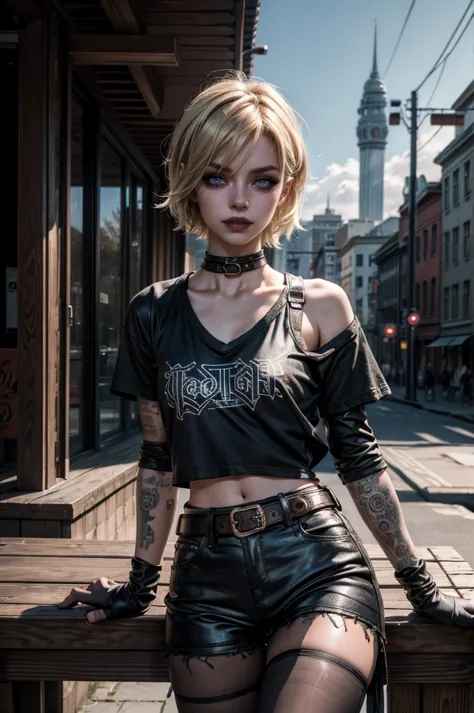 lora_Emma, jinx,1 girl, short blond hair, very skinny, tall, punk, small breast, leaning against wooden table, streetwear style, (leather micro hotpants), multiple belts, ((oversized V-neck cotton t-shirt)), (torn pantyhose), plastic headband, (cotton lowe...