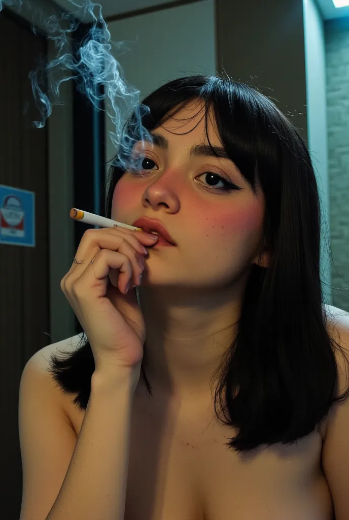 a nude whore smoking a cigarette, detailed face and body, hyper-realistic, cinematic lighting, dramatic shadows, moody atmosphere, highly realistic, 8k, intricate details, photorealistic, chiaroscuro, muted colors, dramatic composition