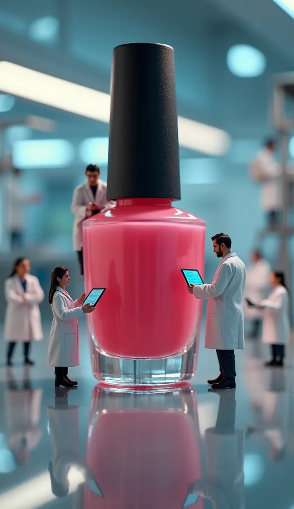 Miniature doctors and scientists in white coats are in a laboratory, studying a giant bottle of nail polish. They are using tablets and notebooks to take notes and analyze the lacquer. Some of the tiny figures are climbing up equipment, while others examin...