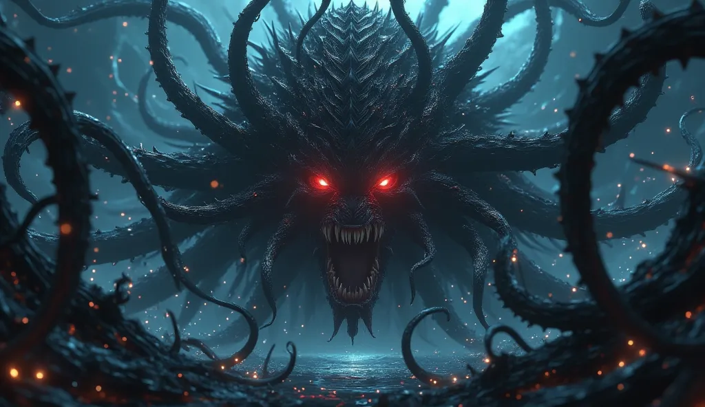 sea monster with red eyes and lots of fangs and tentacles and a large scaly and terrifying stinger at the bottom of the sea