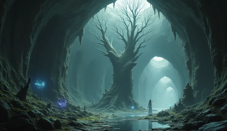 largest and most enigmatic underground world with gray trees inside a deep cave
