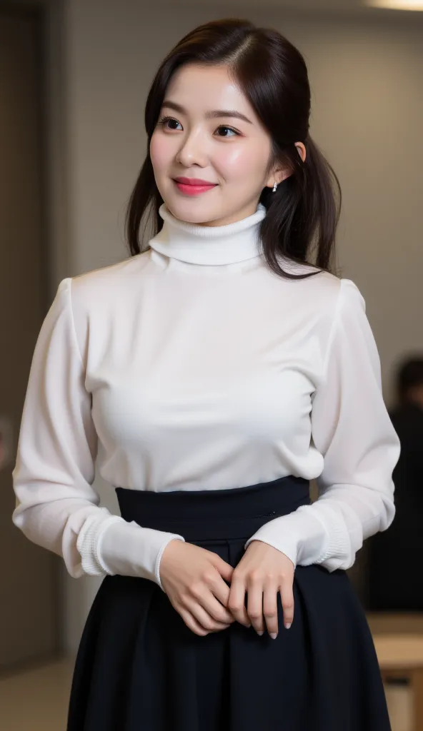 a female teacher, standing in front of the classroom, use long sleeve shirt of satin material of white color , using a long skirt from butt to toe pleated model of black color, big breasts,  very slim waist , beautiful smile ,  red lips, long hair ponytail