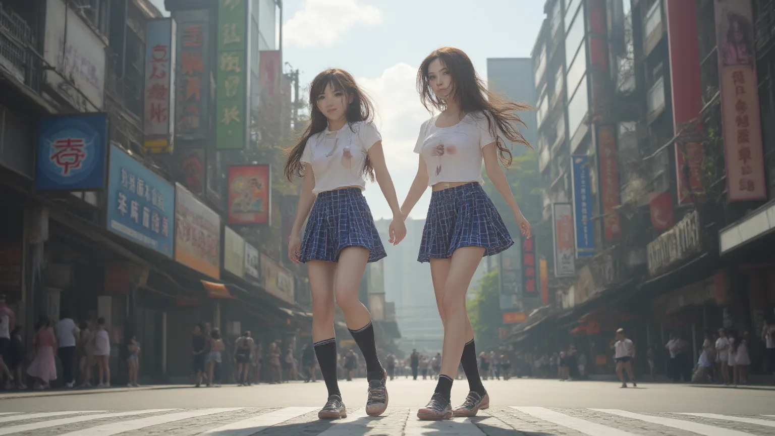 Two Asian school girls are walking home from school in a busy street.  They are wearing school girl uniforms and high heels. They are wearing micro mini skirts and crop tops. Their hair and skirts are blowing in the wind. They are holding hands.   There ar...