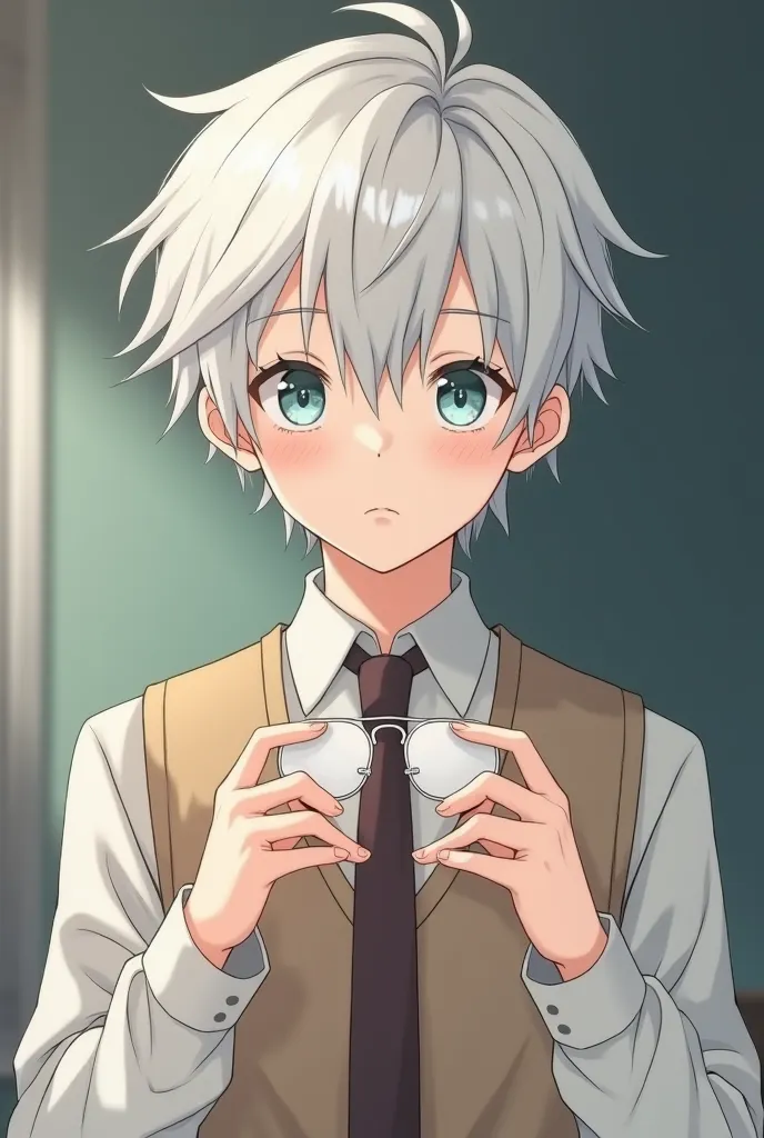 Anime type boy, pale skin, light blue eyes, messy white hair wearing a long-sleeved shirt, dark brown tie and a light brown vest touching his white lenses like someone intelligent. 
