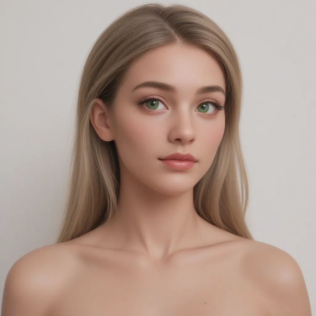 A photograph of an incredibly beautiful girl with a perfectly symmetrical face and exquisite features looking in front of a camera. The image is full-length. Her skin is flawless, soft and smooth, with a slight natural glow that highlights her freshness an...