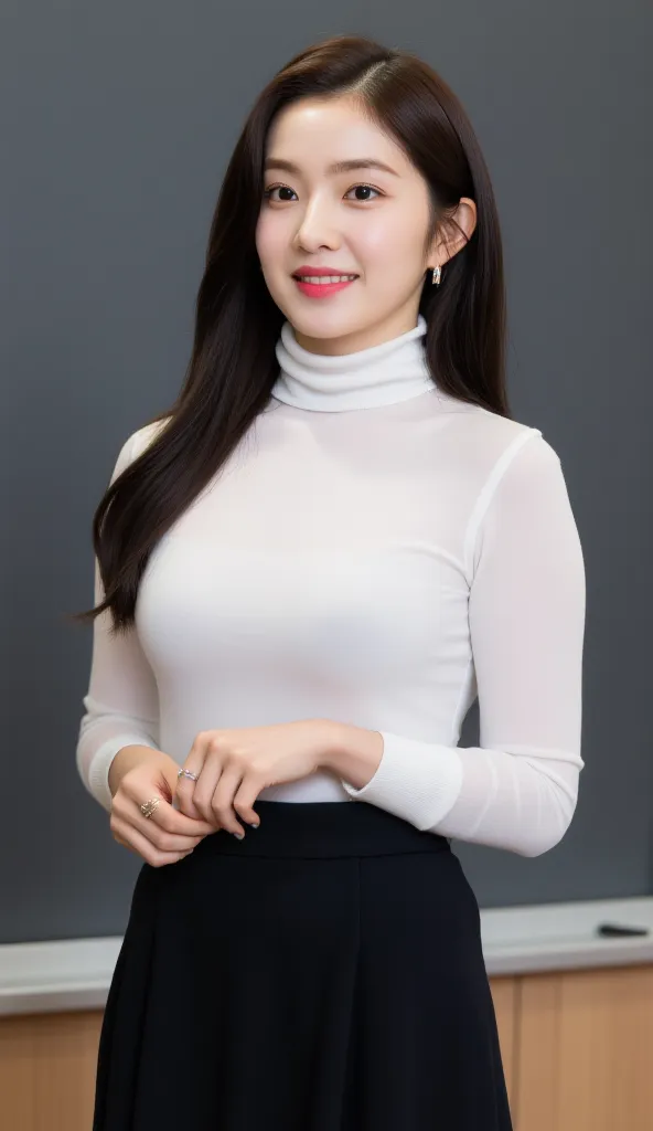 a female teacher, standing in front of the classroom,  facing the camera, using long sleeve unsliped shirt satin material in white color, using a long skirt from butt to toe pleated model of black color, big breasts,  very slim waist , beautiful smile ,  r...