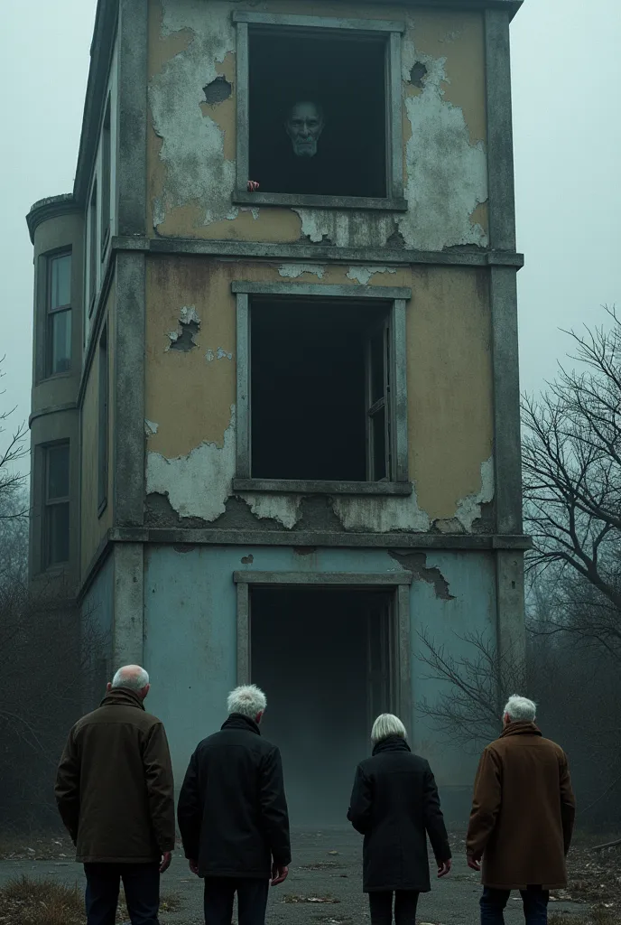 A group of agers stands in front of an abandoned three-story building, where from the third floor, through the window, a black figure is peering out.