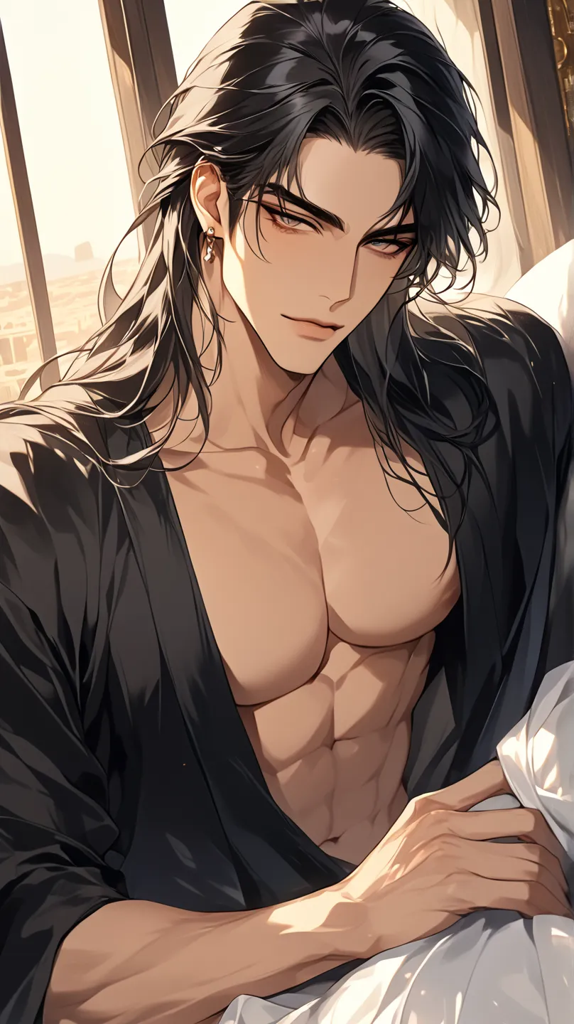 (score_9, score_8_above),  long hair, masterpiece, boobs, 1 man ,  Silver-black hair ,  perfect face ,  bed ,  handsome man , Alone, adult male ,   delicate lines drawing Impostato, masterpiece, High resolution, top quality, Unique , 1 macho , legal , tann...