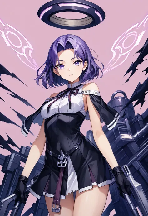 Ryuda Muji, tatsutakaini (kantai collection),  score_9,  score_8_up,  score_7_up,  score_6_up,  source_anime, masterpiece, best quality,  official art, official style,  game cg, , rating_safe, rating_questionable,  purple hair,  halo,  short hair, purple e...