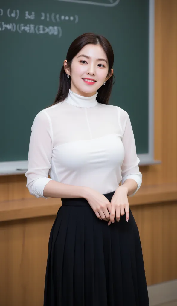 a female teacher, standing in front of the classroom,  facing the camera, use a long shirt up to the thigh of satin material of white color, use long skirt from butt to toe pleated model of black color, big breasts,  very slim waist , beautiful smile ,  re...