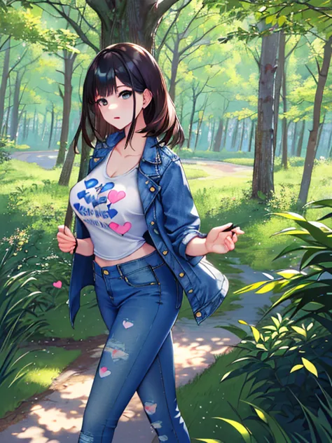 ((t-shirt)), ((I learned about a masterpiece)), (ultra detailed), 1 woman,((with a blue denim jacket)), ((blouse caught)), ((printed with hearts)), ((neckline)), ((big breasts)), ((tight blue denim pants)), ((looking at the camera)), ((front view)), ((seei...