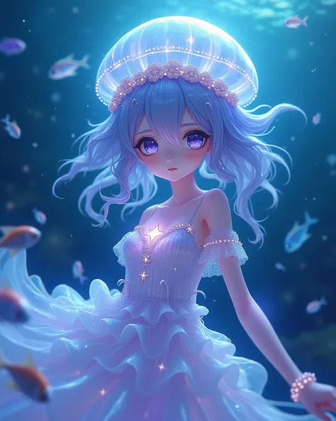 Creates an anime girl with a semi-transparent body of pearlescent tones that reflect bluish and purple flashes, as if it were made of constantly moving water. Her skin emits a natural bioluminescence that shines in irregular patterns. Her face is thin and ...