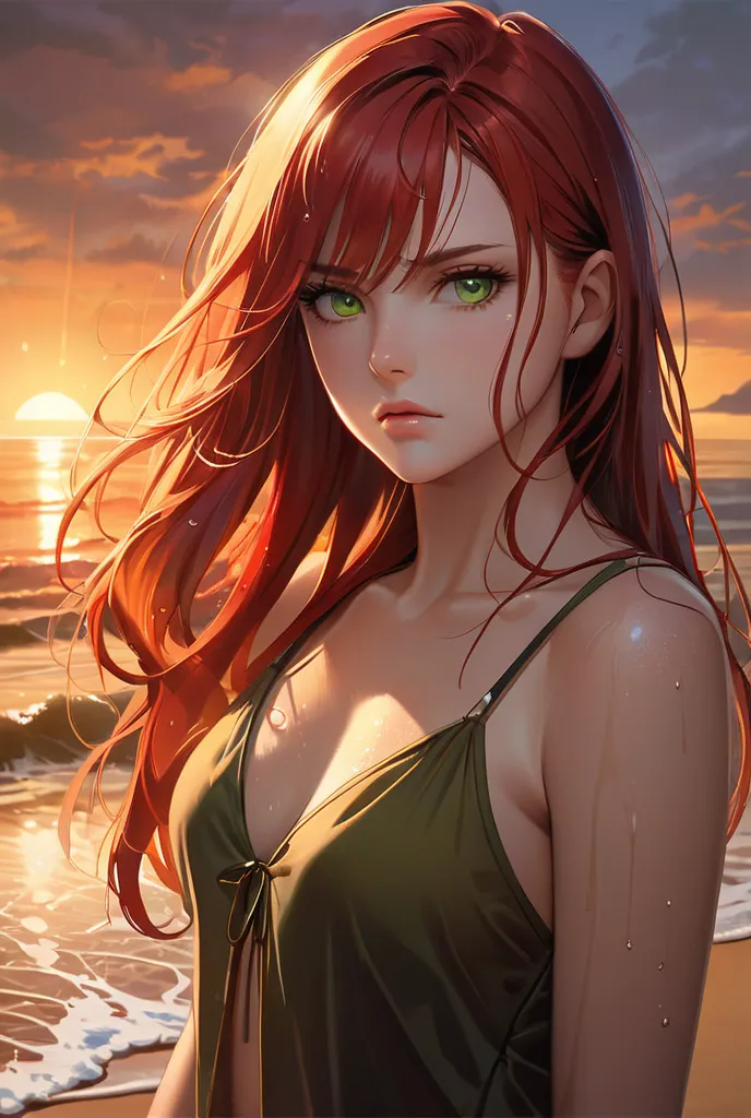 Green-eyed red-haired woman with wet long hair wearing serious and mysterious beachwear looking forward realistic photo 