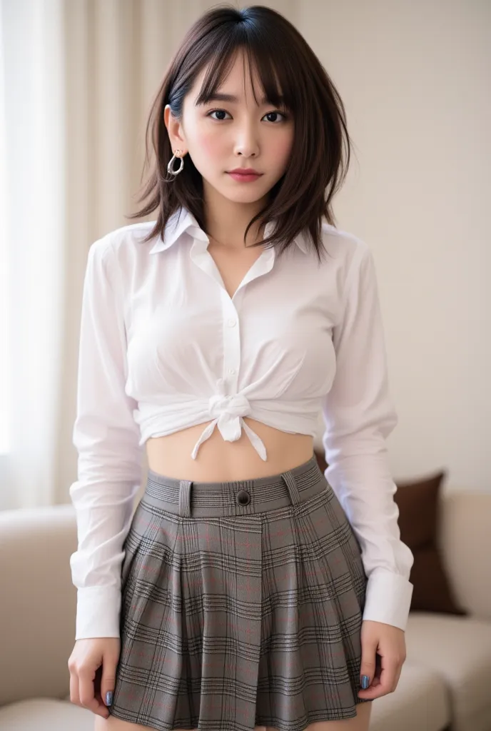 Wet plain white shirt, Shirt pressed against skin、Unbuttoned and open at front,Open Shirt,Very short pleated skirt,plaid pleated skirt,I can see the black low-rise song, fishnet tights that reach above the knee ,lift the skirt with your hands to show off t...