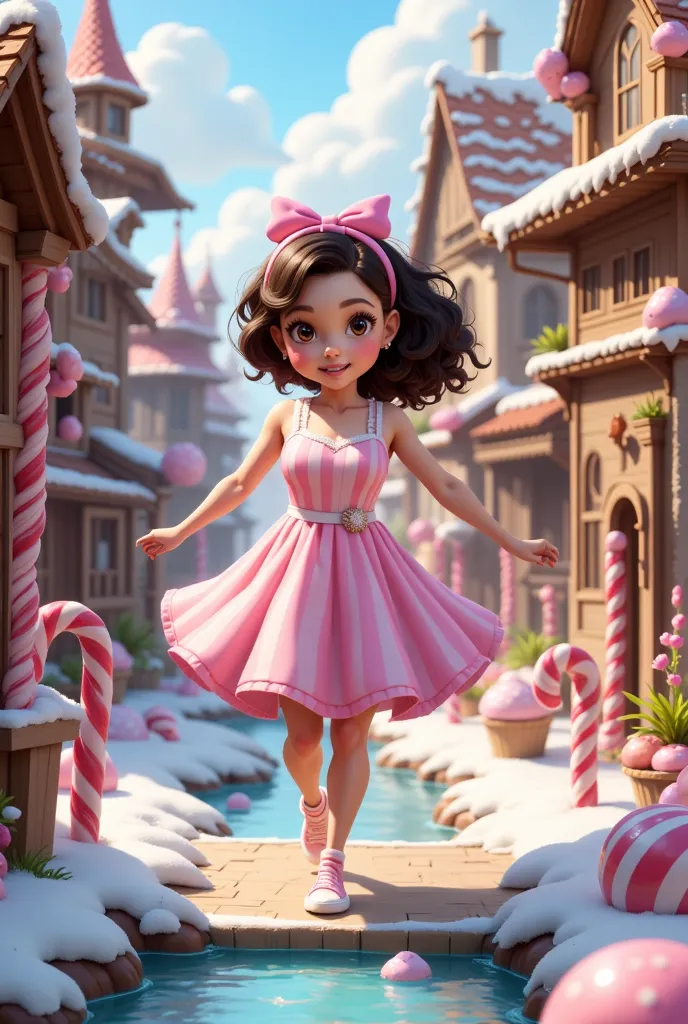 A cheerful  in a candy-striped dress skips through a village made of sweets—gingerbread houses, candy cane lampposts, and a chocolate river with marshmallow stepping stones. Cute, talking gumdrop creatures guide her on a sugary adventure.