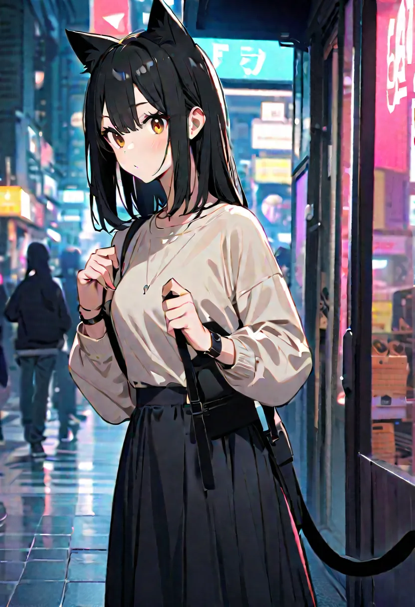 A female person, a cat girl, long black hair, black cat tail, black cat ears, wearing casual wear, in a modern world