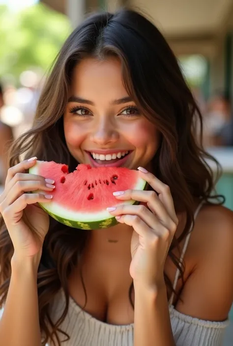 A young woman with features similar to Selena Gomez is biting into a juicy slice of watermelon. She has long, dark brown wavy hair, warm brown eyes, and a radiant smile. Her skin glows under soft, natural lighting. She wears a casual summer outfit, a light...