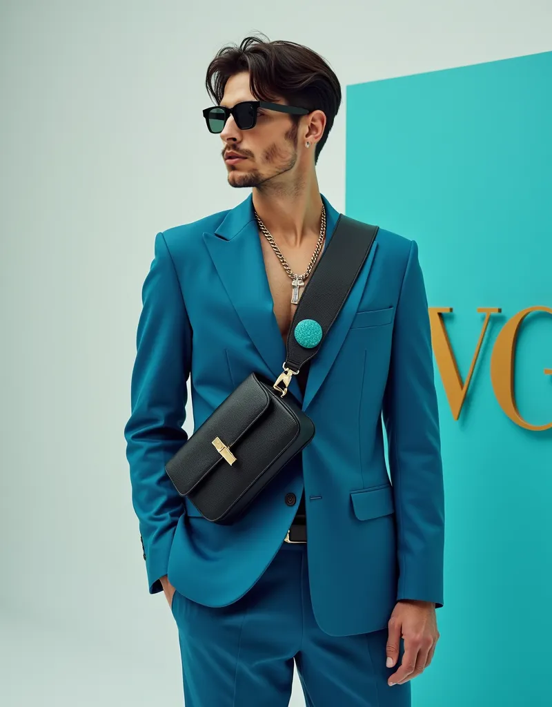 man, , wearing a designer outfit , blue , Bolsa transversal masculina preta e blue turquesa, crossbody bag using necklace and matching Tiffany accessories in a photo shoot ,white background with a panel written "vogue " drawn in gold letters