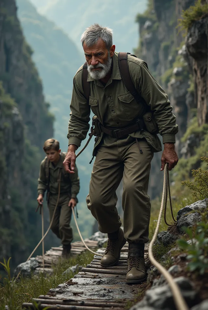 a wet 60-year-old man wearing army pants holding a rope on top of a plank and his  grandson holding the other end of the rope in the ravine