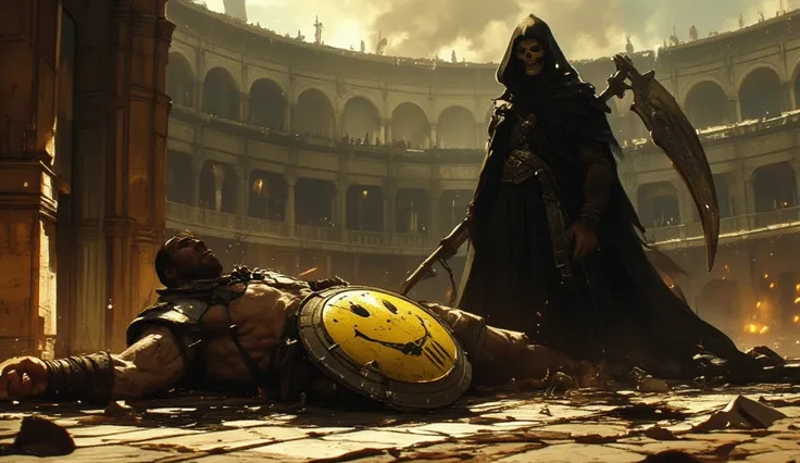 A fallen ancient warrior lies on the ground in a grand coliseum, his muscular body covered in battle wounds and dust. His iconic round shield, still gripped in his lifeless hand, bears a faded yellow smiley face and the engraved number "400". Beside him, a...