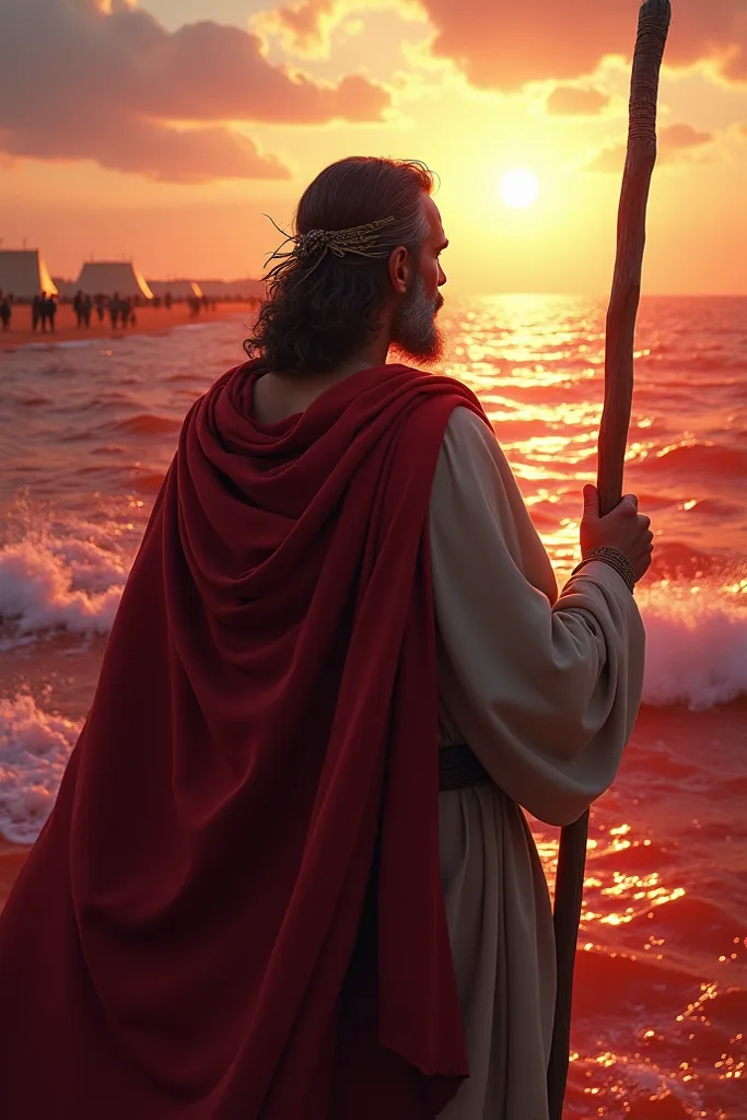 Ultra-realistic POV image capturing my perspective as I look out over the Red Sea, with my Hebrew people behind me. I clutch a staff in one hand. The image should evoke determination, divine purpose, and the weight of responsibility.