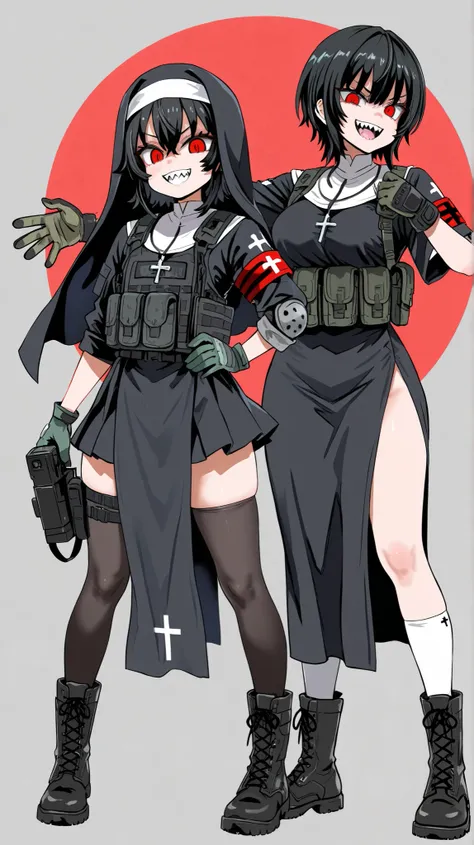 Black Hair, Red Eyes, Wolf Cut Hairstyle, Short Hair, Nun Habit, Sharp eyes, Black Skirt, Thigh Highs socks, Combat boots, Tactical Gloves, Red Armband on right arm, Sharp Teeth, Detailed Faces, Asanagi Artstyle, High Resolution,
High Resolution, looking a...