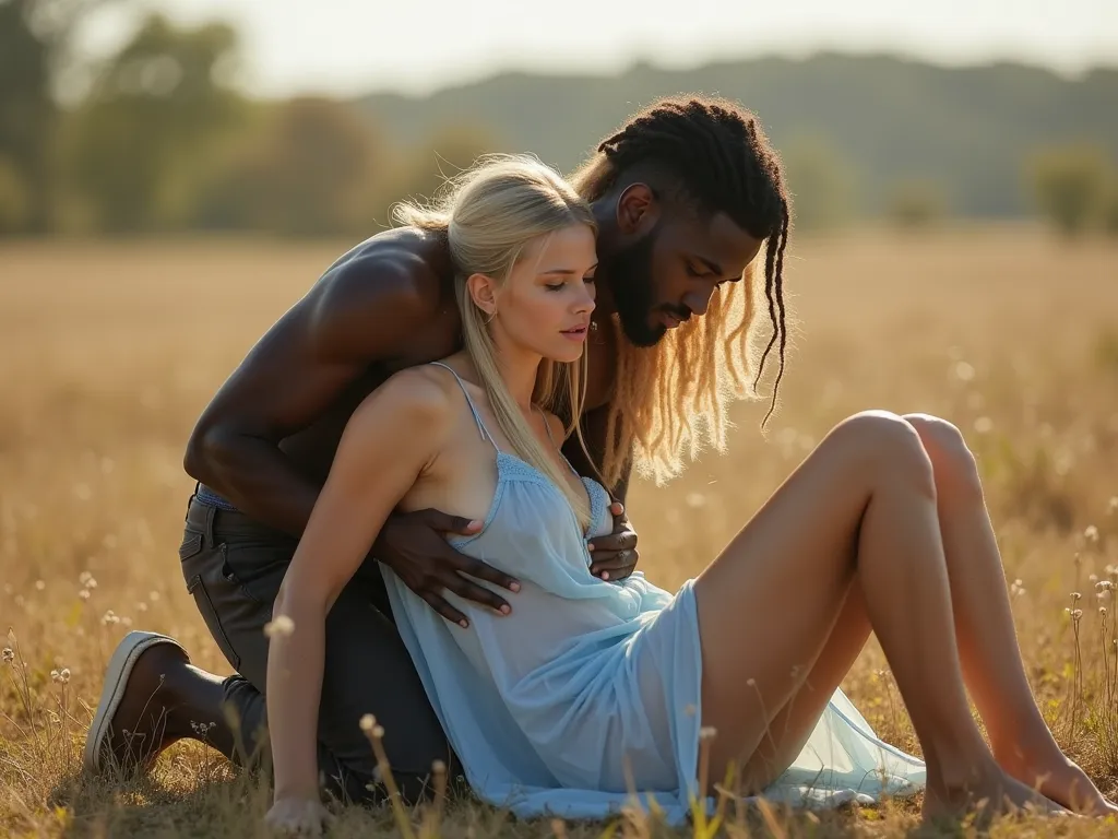 A 25 year old Swedish girl, blonde, long hair, eyes closed, wearing a very short, light blue, transparent nightgown, without underwear. The girl is on all four on the ground in a field,sunny day, and a black african man is holding her from behind. Her mout...