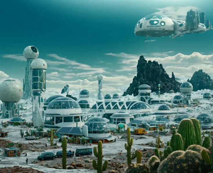 Retrofuturism. Solar punk. Extraterrestrial settlement with artificial atmosphere.
Wide view of settlement with cylindrical dwellings, transportation, remnants of wild lunar terrain with cacti. Ice mountain on the horizon. Strange sky, thin atmosphere.