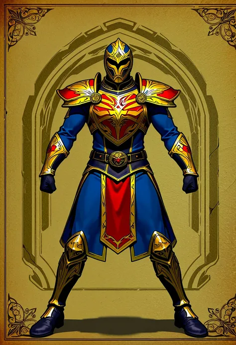 Power Rangers in medieval knight-inspired armor, featuring heraldic crests and Gothic designs. The color schemes are bold and striking. Setting: a medieval castle surrounded by forested hills.