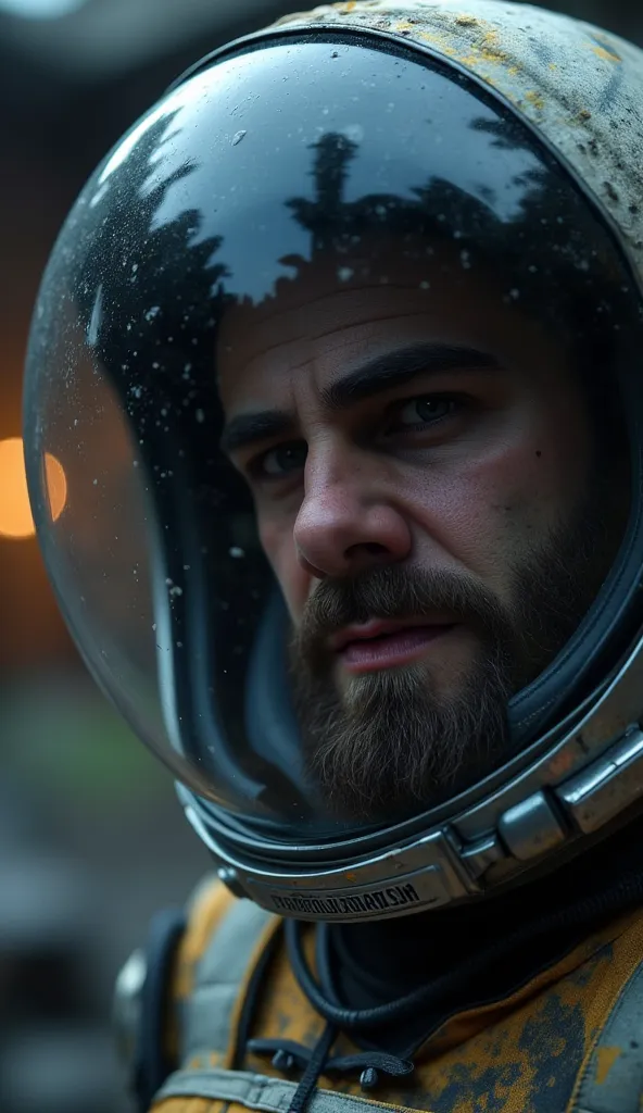 a 35-year-old man with a beard,astronaut is looking through her helmet with a horrified expression on her face. the scene depicts an alien planet with darkness and damp,very realistic,intricate details,eerie,highly detailed,photorealistic,octane render,8 k...