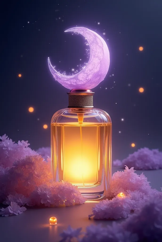 Create a perfume with the characteristics of the moon,color yellow purple and with a moon-shaped cap,create something unique 