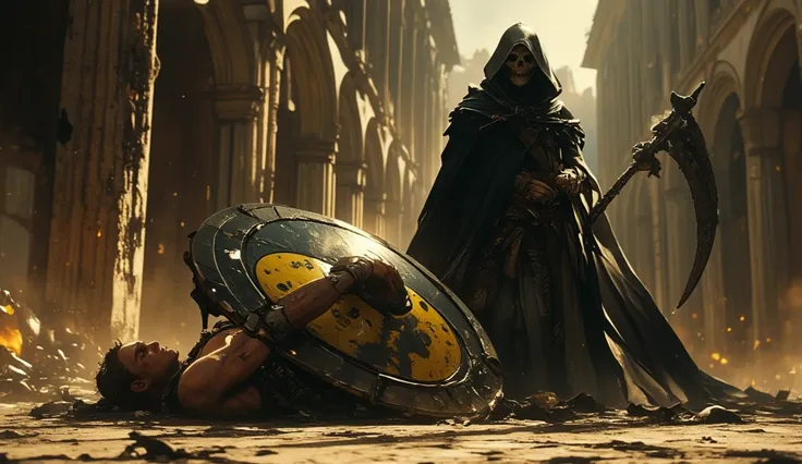 A fallen ancient warrior lies on the ground in a grand coliseum, his muscular body covered in battle wounds and dust. His iconic round shield, still gripped in his lifeless hand, bears a little faded yellow smiley face and the engraved ((number "400")). Be...