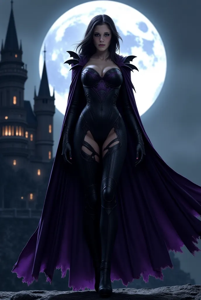 Beautiful woman in sexy dark black and purple warrior outfit in front of a dark castle at full moon night