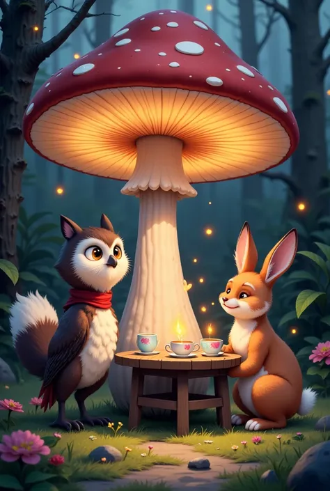 A group of adorable forest animals, including a wise old owl, a playful fox, and a giggling rabbit, gather around a tiny wooden table for a tea party under a giant, glowing mushroom. Fireflies twinkle in the air, and delicate teacups hold colorful, sparkli...