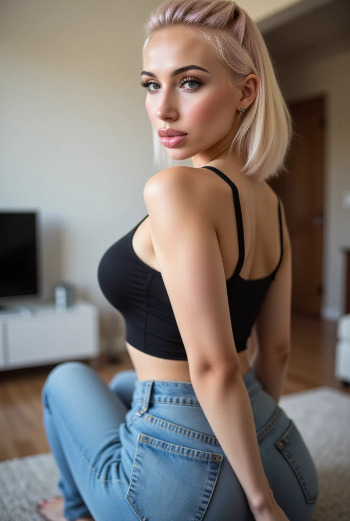 18-year-old Russian woman, platinum blonde hair styled in loose waves, petite hourglass figure, sitting on her heels with her back slightly arched and looking over her shoulder at the camera. She wears a soft, fitted black crop top and high-waisted denim j...