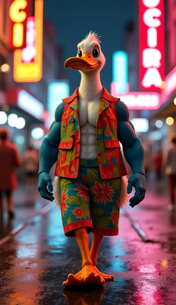 A muscular anthropomorphic duck with detailed feathers, wearing a vibrant Hawaiian outfit with floral patterns. The duck has a confident expression as it walks down an urban street illuminated by neon signs at night.  The wet floor reflects the lights of t...