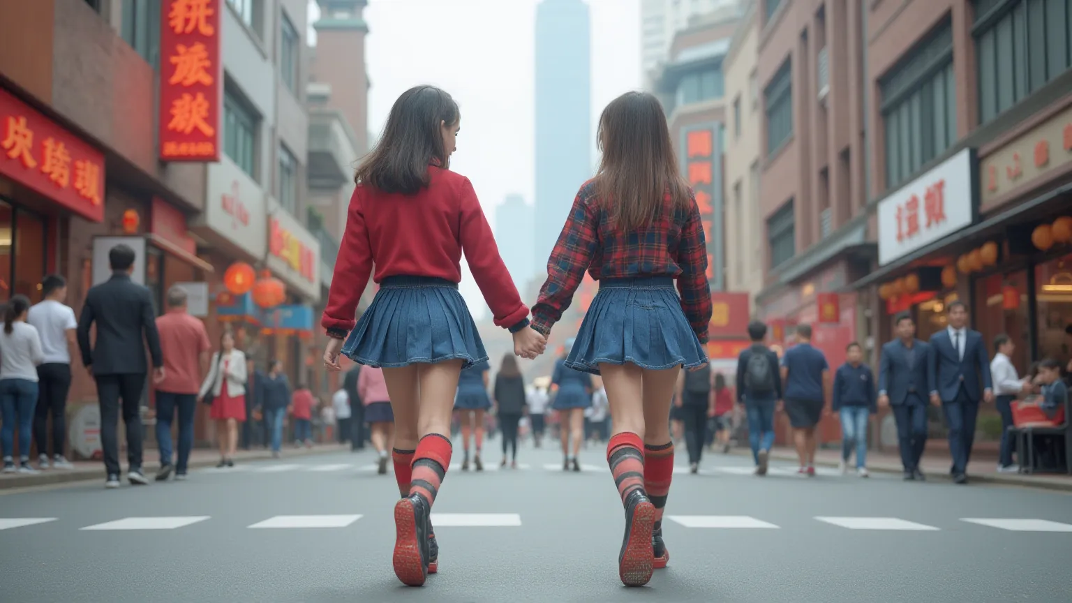 two Cute Asian school girls.  primary school students with young faces.  Wearing school uniforms and high heels.   micro mini skirts and crop tops.  belly buttons visible. Holding hands and walking in a busy street.  hair and skirts blowing in the wind. Ch...