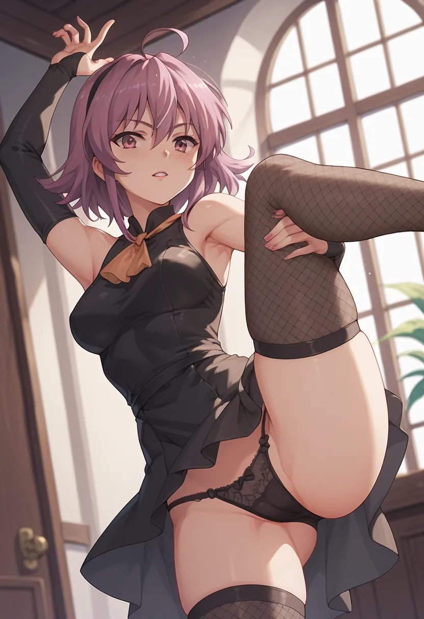 An image of Wilhelmina Carmel with short hair in a very tight black dress posing in a room wearing black fishnets with one leg raised showing her panties 